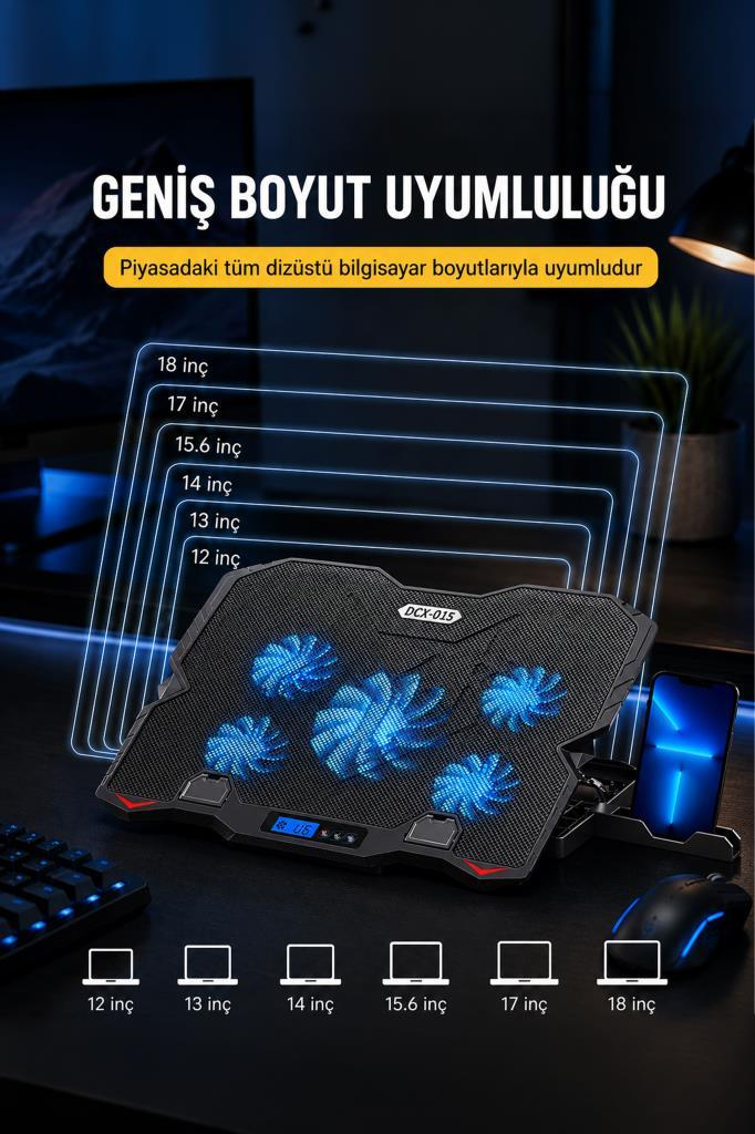 Mavi ışıklı fanlara sahip siyah laptop soğutucu, 12 ile 18 inç arası boyut uyumluluğu gösteriyor.