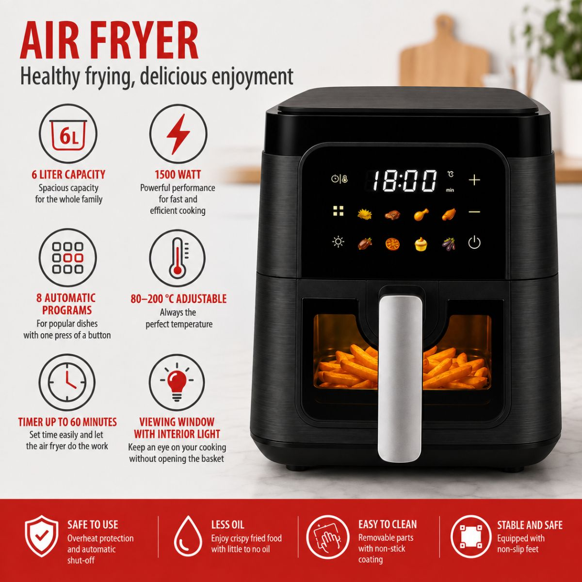 A black air fryer with digital display and glass window showing fries, surrounded by product feature icons and text.