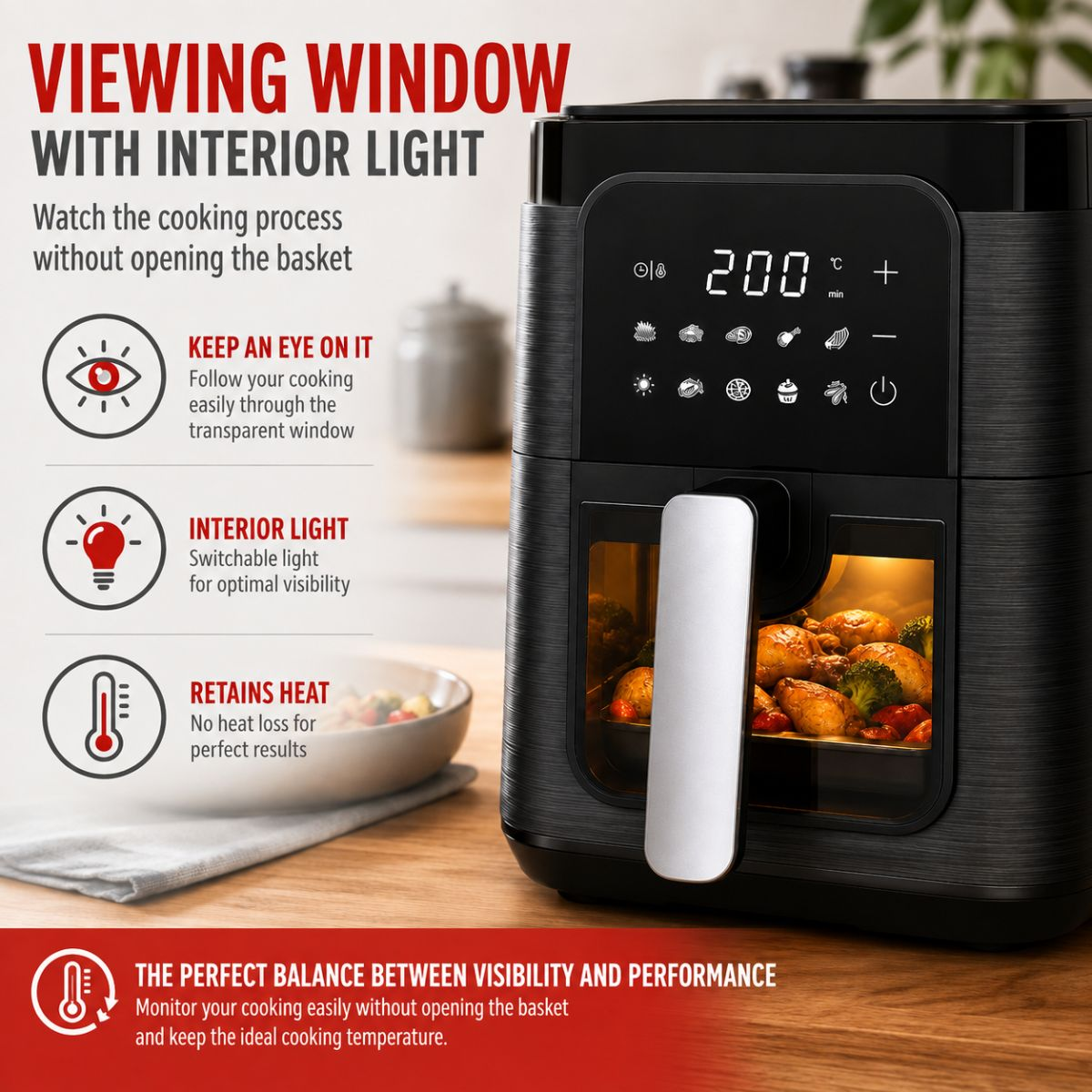 Black air fryer with a digital display and transparent viewing window showing illuminated food.