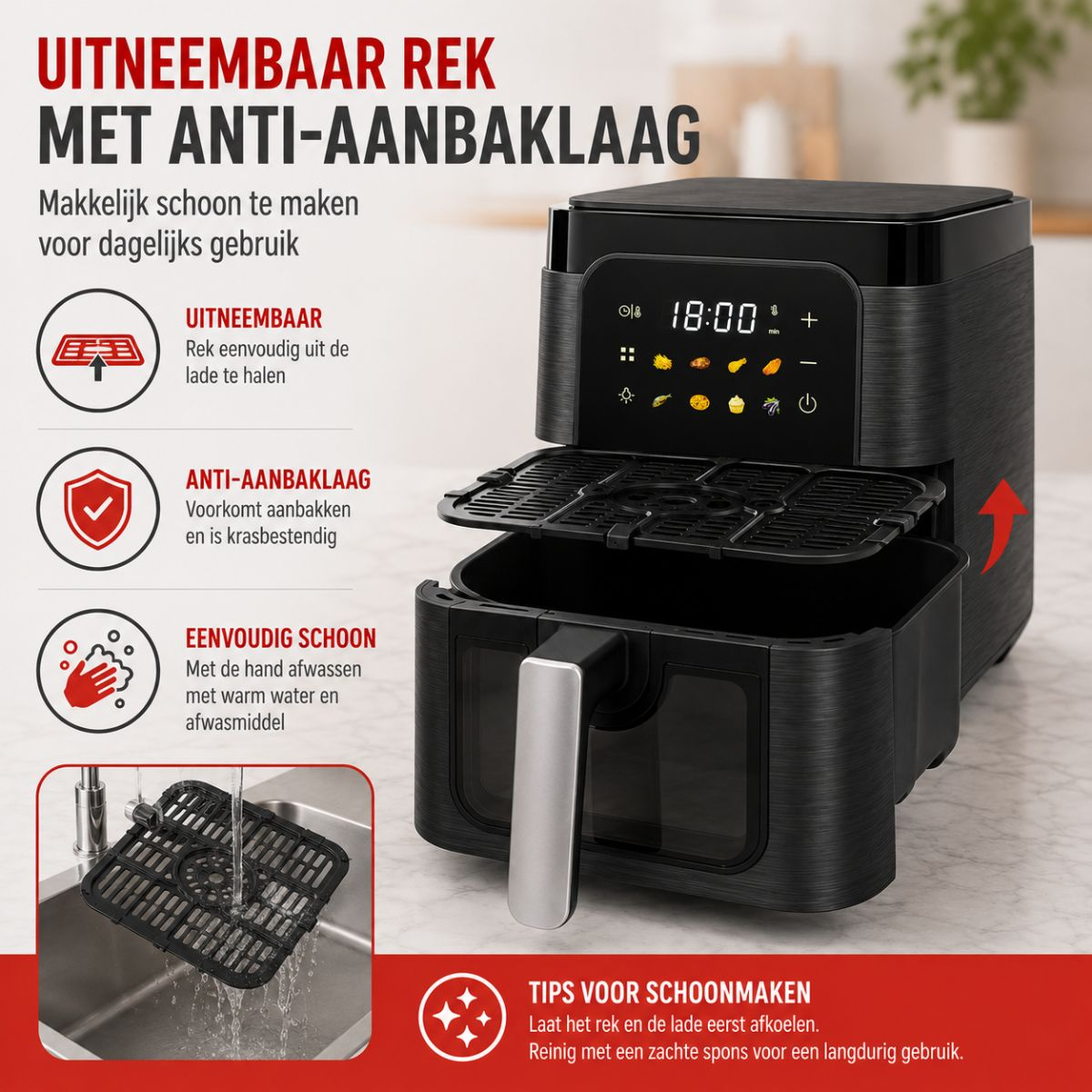 Black air fryer with an open basket and non-stick rack on a marble countertop.