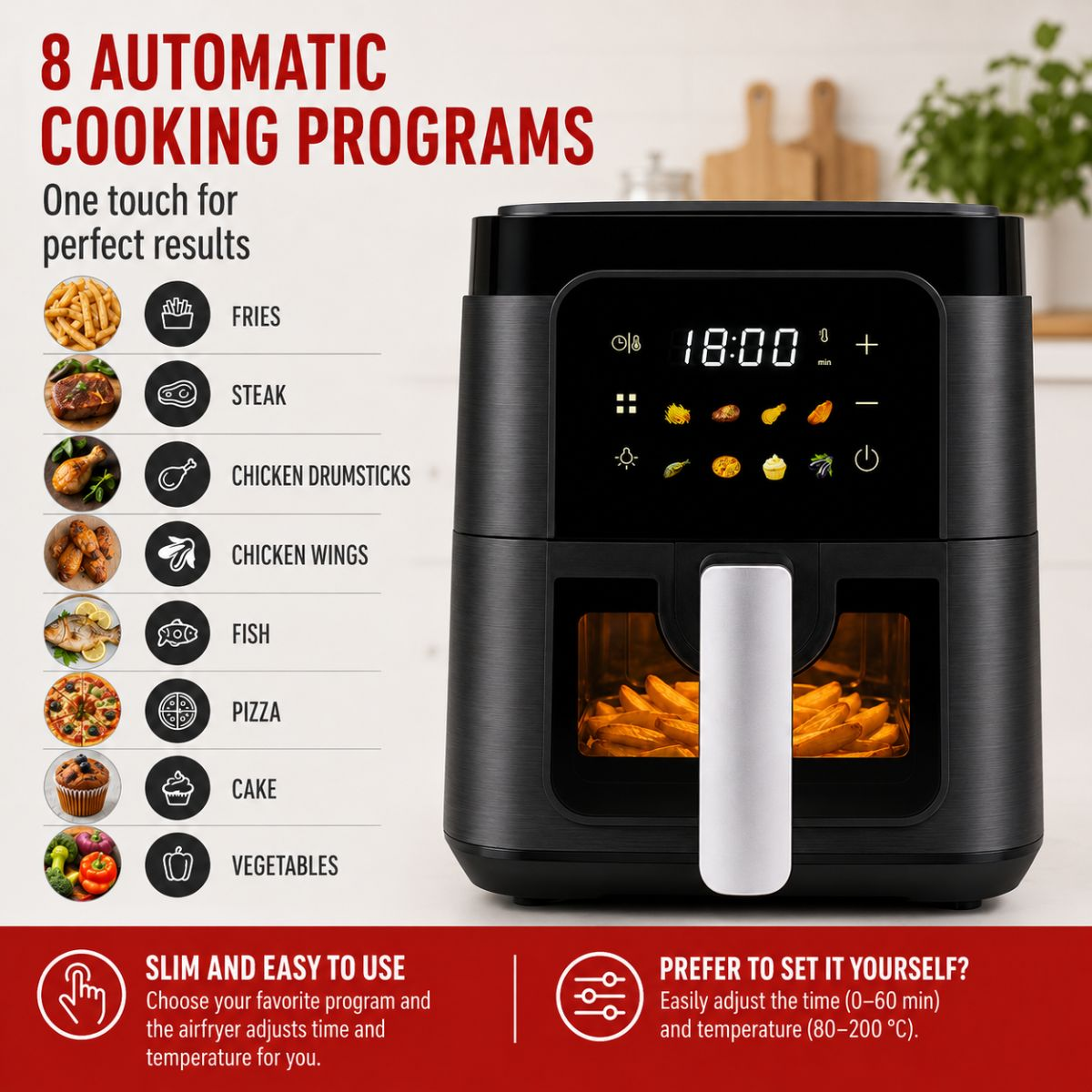 A black air fryer with digital display and cooking program icons on a kitchen counter.