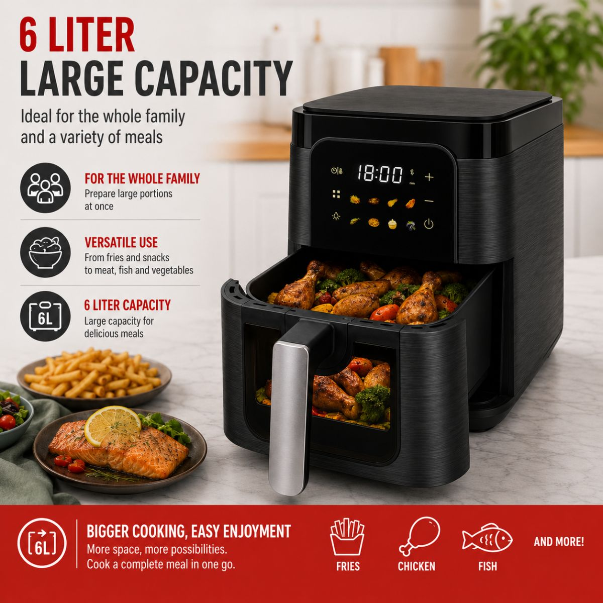 Black 6-liter air fryer with filled basket, surrounded by promotional text and food dishes.