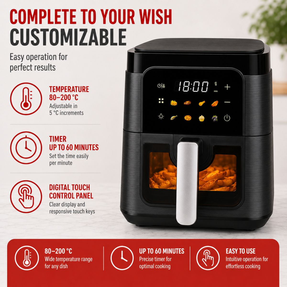 A black air fryer with digital display and window showing food, alongside feature text and icons.