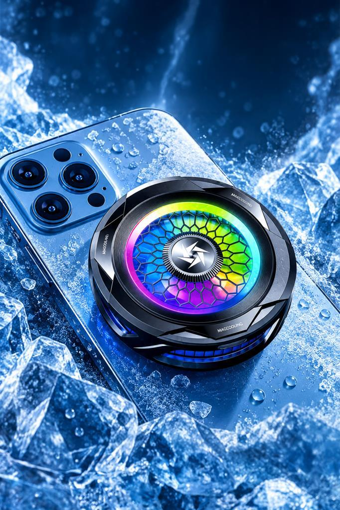 Arkası buzlu suyla çevrili, üzerinde yuvarlak, renkli bir RGB soğutma fanı olan akıllı telefon.