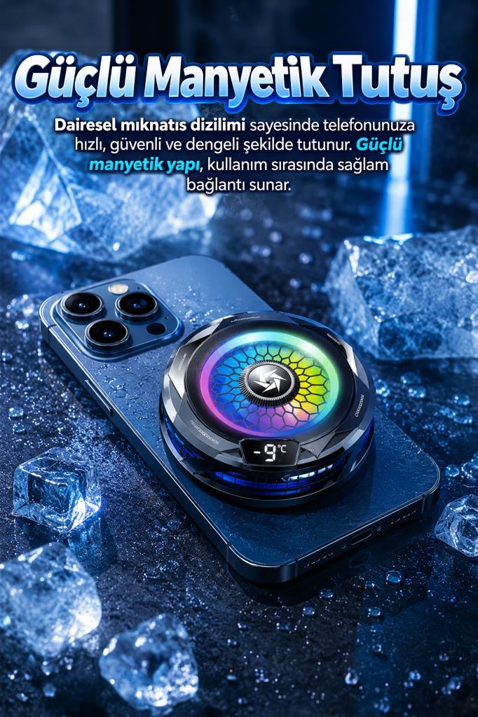 Buz kristalleriyle çevrili, manyetik, ışıklı soğutma fanına sahip bir akıllı telefon.