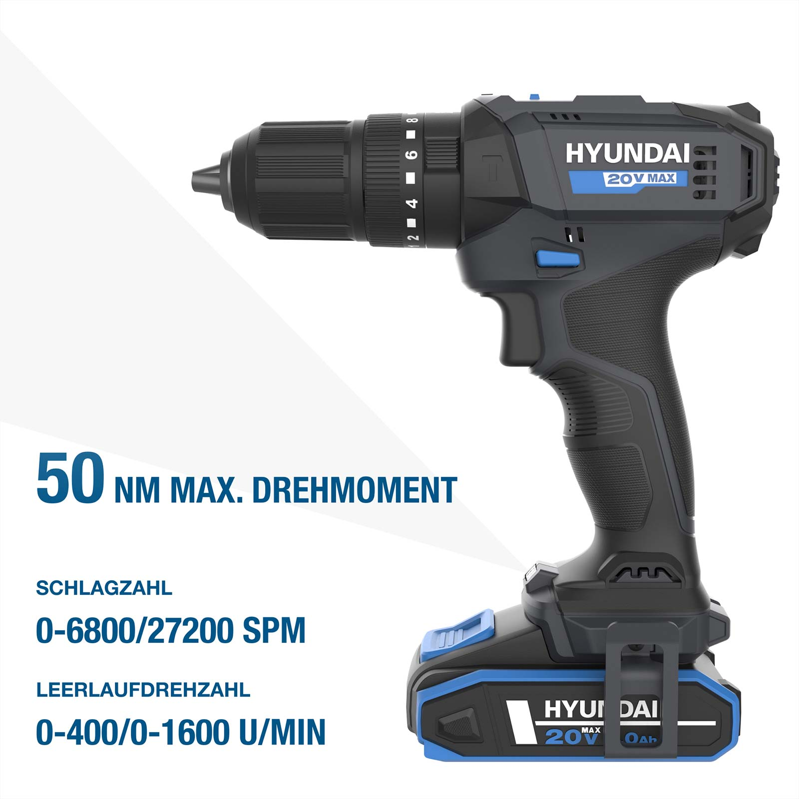 Schwarze und blaue Akku-Schlagbohrmaschine von Hyundai mit technischen Daten.