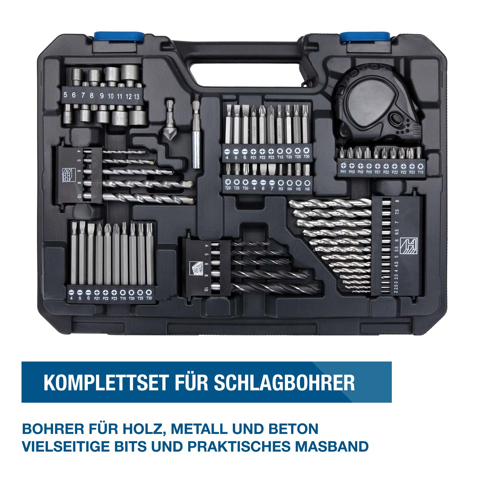Schwarzer Werkzeugkasten mit Bohrem, Bits und Maßband für verschiedene Materialien.