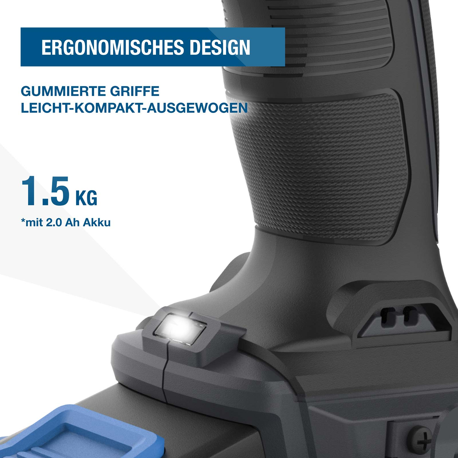 Nahaufnahme eines schwarzen Elektrowerkzeuggriffs mit Text über ergonomisches Design, 1,5 kg Gewicht und integriertem Licht.