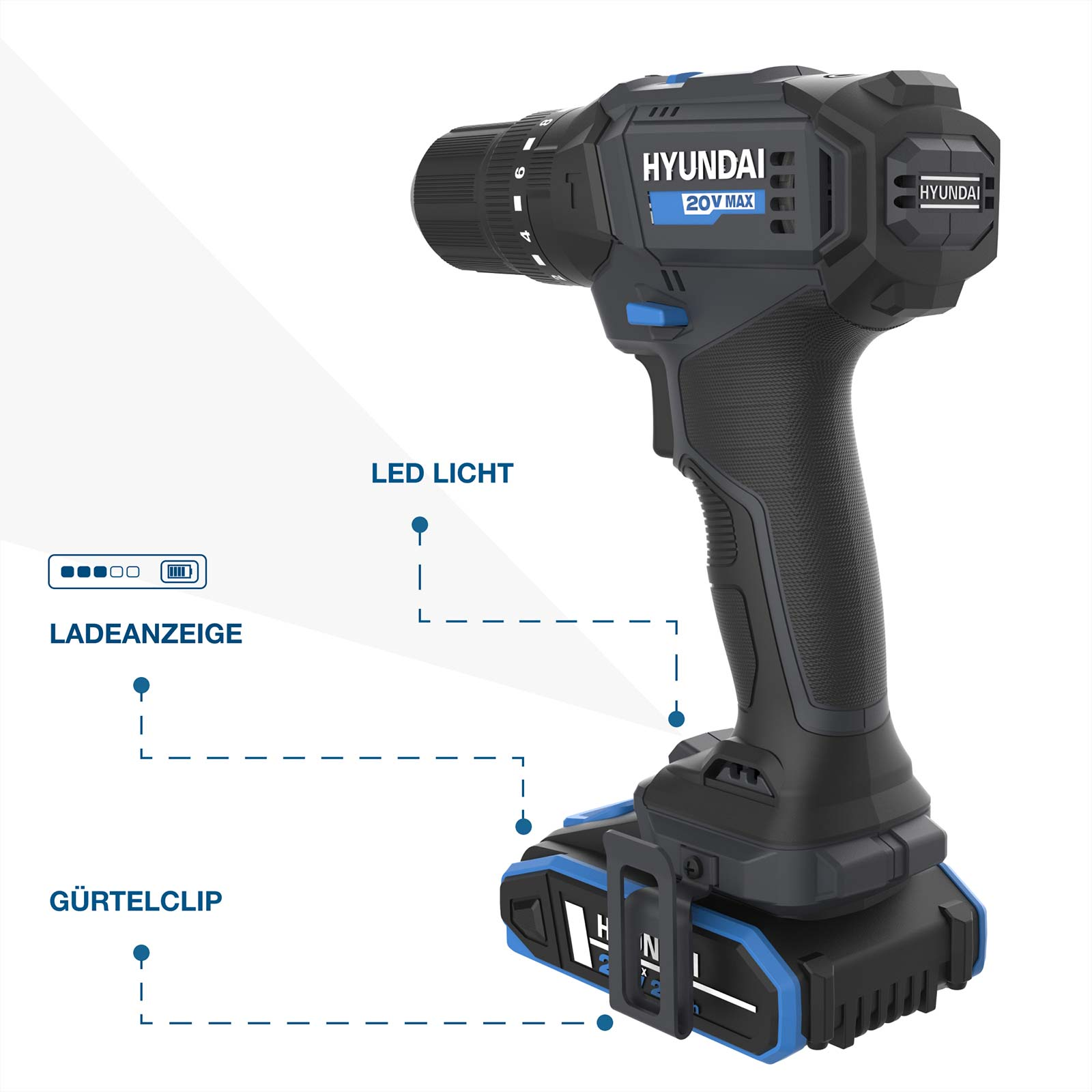 Hyundai 20V Akku-Bohrschrauber in Schwarz und Blau mit Beschriftungen für LED-Licht, Ladeanzeige und Gürtelclip.