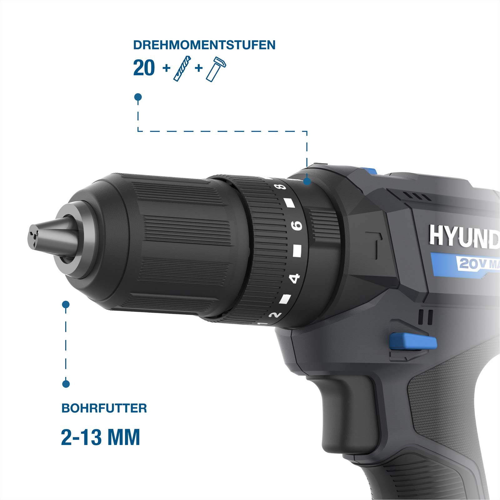 Nahaufnahme eines Hyundai Akku-Bohrschraubers mit Diagramm für Drehmoment und Bohrfutter.