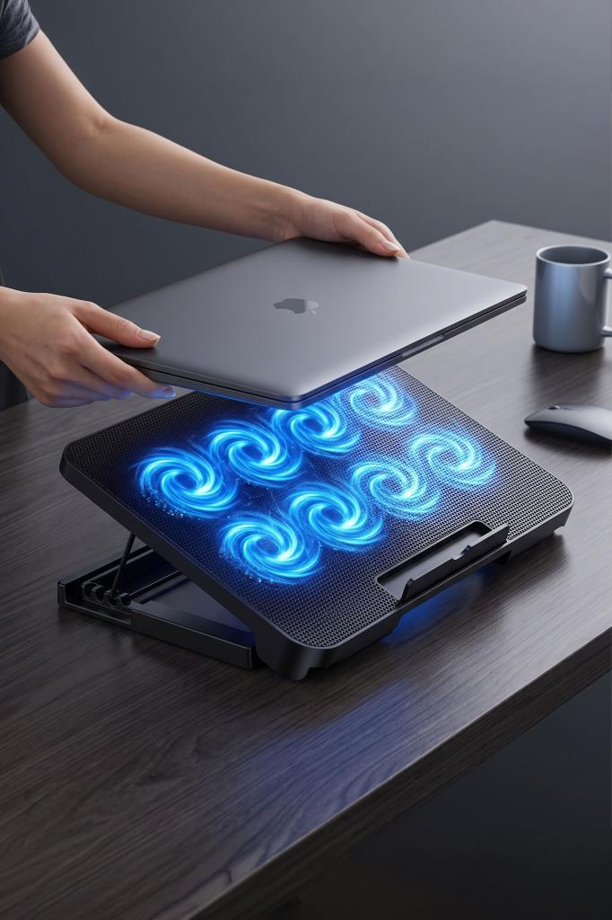 Bir kişi ahşap masadaki aydınlatmalı bir dizüstü bilgisayar soğutucusuna laptop yerleştiriyor.