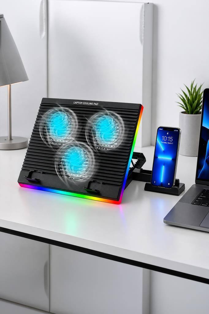 Üç mavi ışıklı fanı ve RGB aydınlatması olan siyah dizüstü bilgisayar soğutucusu bir masada duruyor.