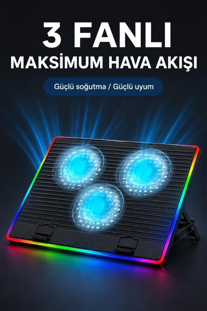 Mavi yanan üç fanlı ve RGB aydınlatmalı siyah dizüstü bilgisayar soğutucusu.