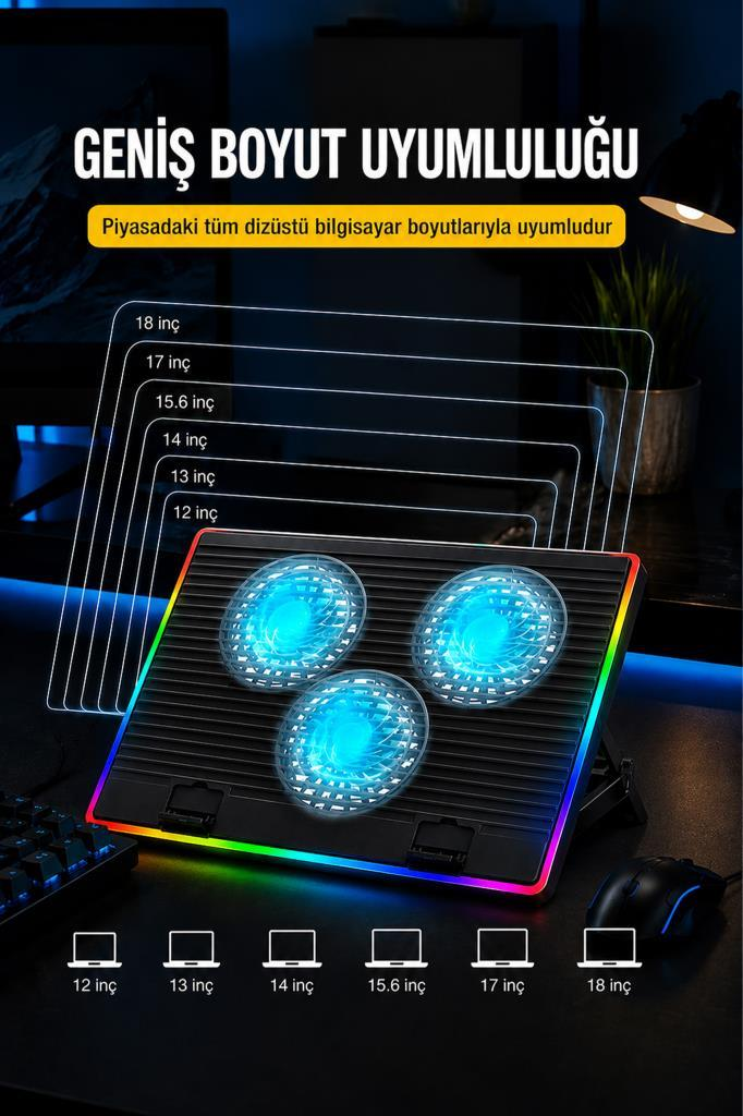 12'den 18 inçe kadar uyumlu, üç mavi ışıklı fana sahip RGB dizüstü bilgisayar soğutucusu.