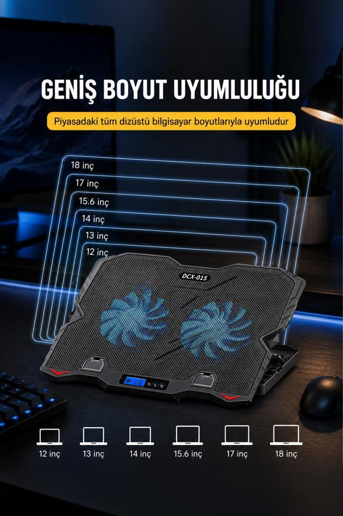 Masada mavi ışıklı çift fanlı siyah laptop soğutucu, 12-18 inç arası boyut uyumluluğunu gösteriyor.
