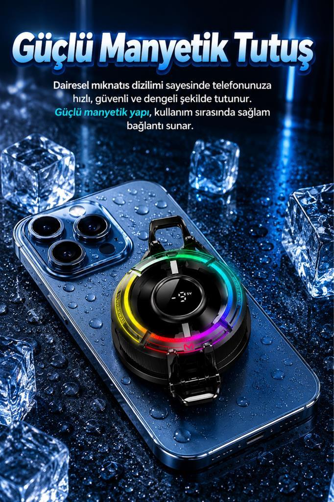 Buz küpleriyle çevrili, manyetik RGB soğutuculu mavi bir akıllı telefon.