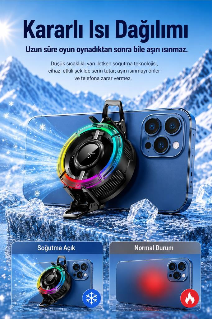 Buzlu dağ arka planında, üzerinde RGB soğutucu fan bulunan mavi renkli bir akıllı telefon.