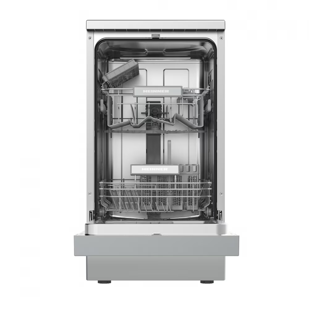 Open stainless steel dishwasher with two empty racks and spray arms inside a bright interior.