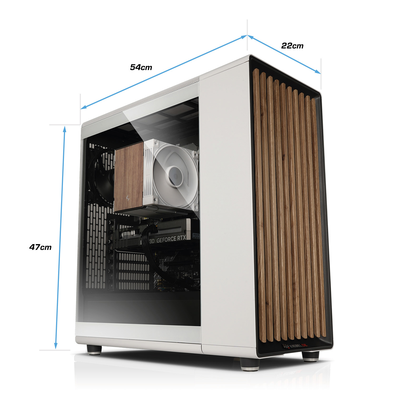 Boîtier de PC blanc avec façade en bois, mesurant 54cm de long, 22cm de large et 47cm de haut.