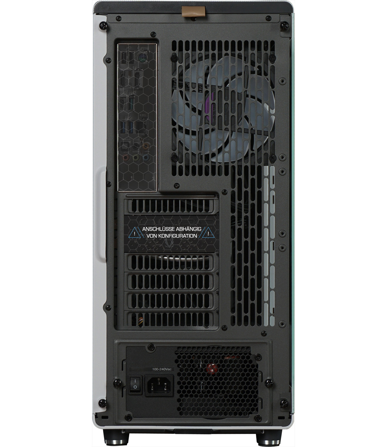 Vue arrière d'un boîtier de PC noir avec ports, ventilateur, emplacements d'extension et alimentation en bas.