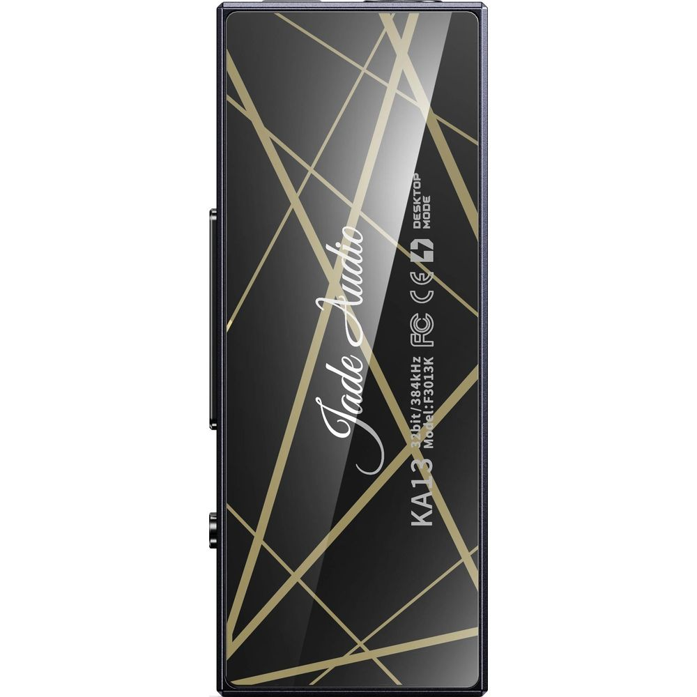 Czarny DAC Jade Audio KA13 ze złotymi liniami geometrycznymi i napisem na szklanej powierzchni.