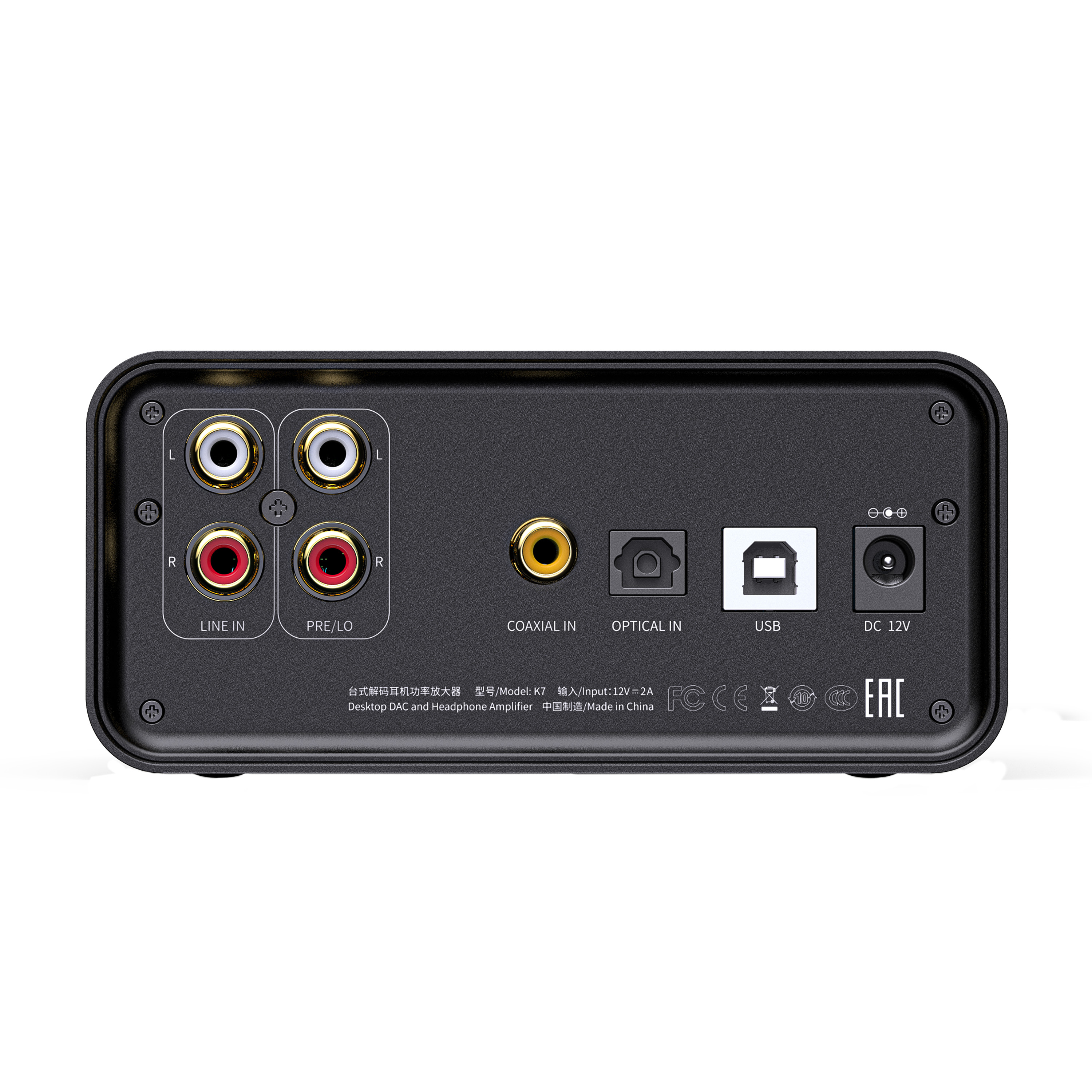 Tylny panel czarnego wzmacniacza audio z portami RCA, koaksjalnymi, optycznymi, USB i wejściem DC 12V.