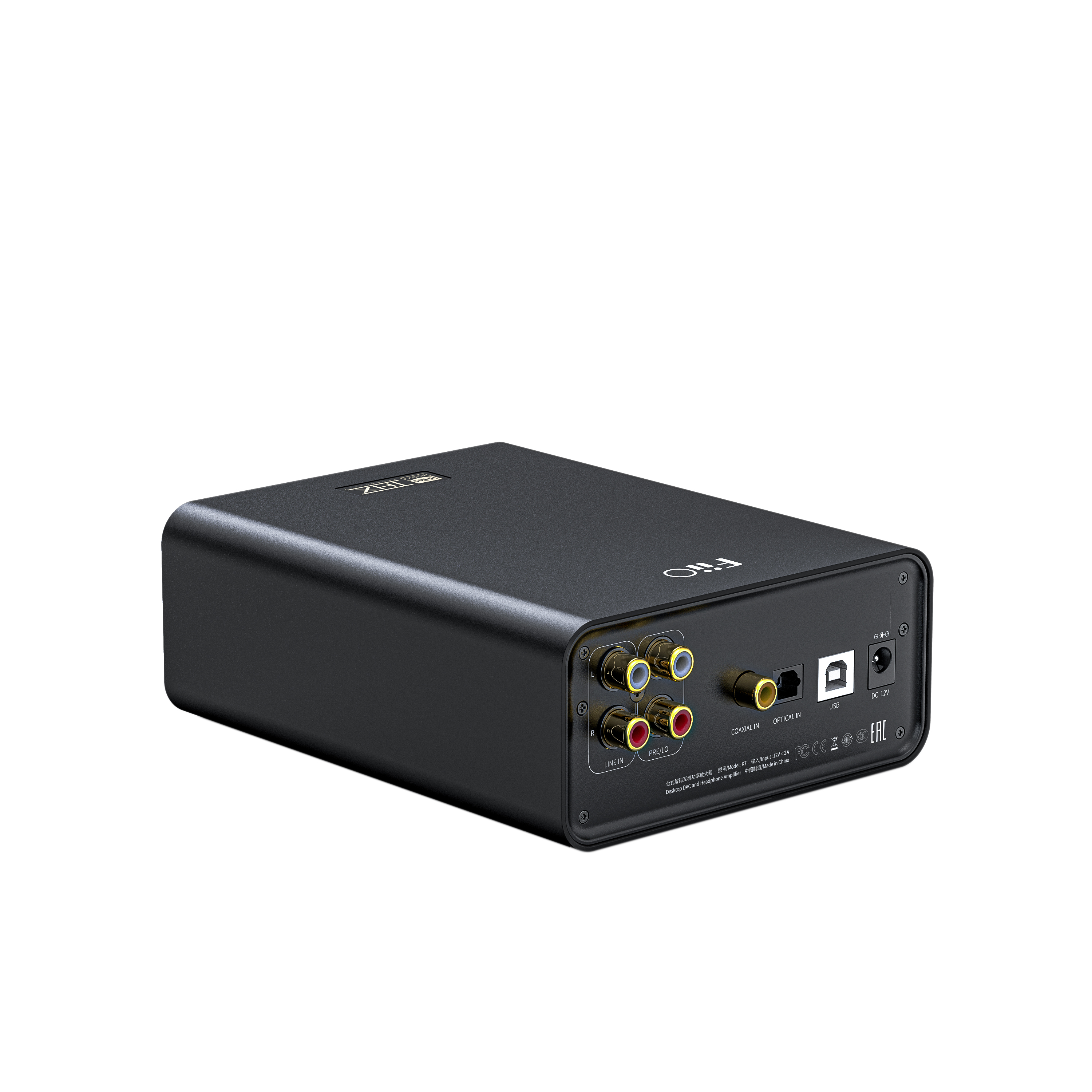 Tylny panel czarnego wzmacniacza stacjonarnego FiiO K7 z różnymi portami audio.