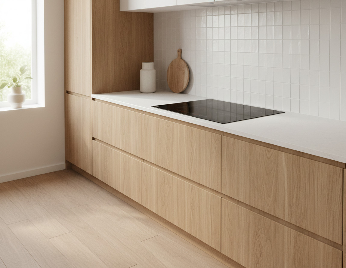 Nowoczesna drewniana kuchnia z białym blatem, płytą indukcyjną, jasną drewnianą podłogą i białą ścianą z kafelkami.
