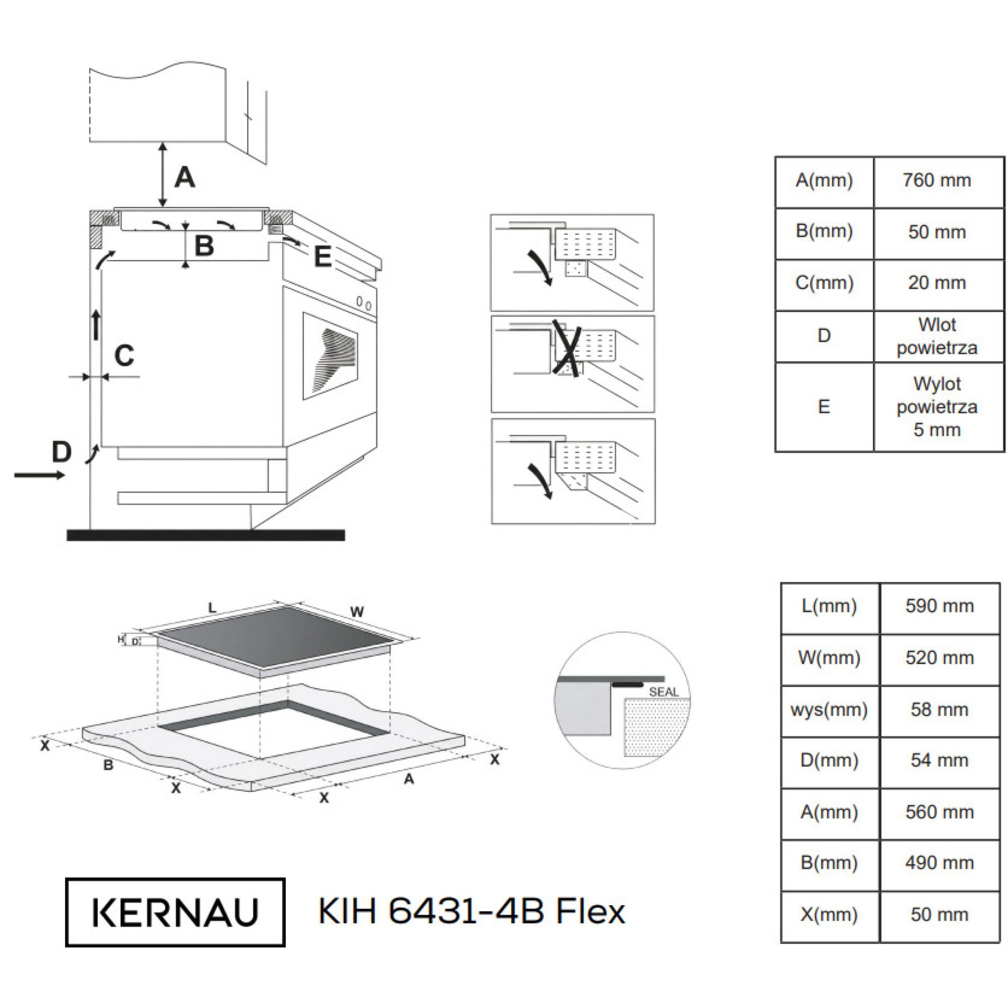 Rysunek techniczny z wymiarami montażowymi płyty grzewczej KERNAU KIH 6431-4B Flex.