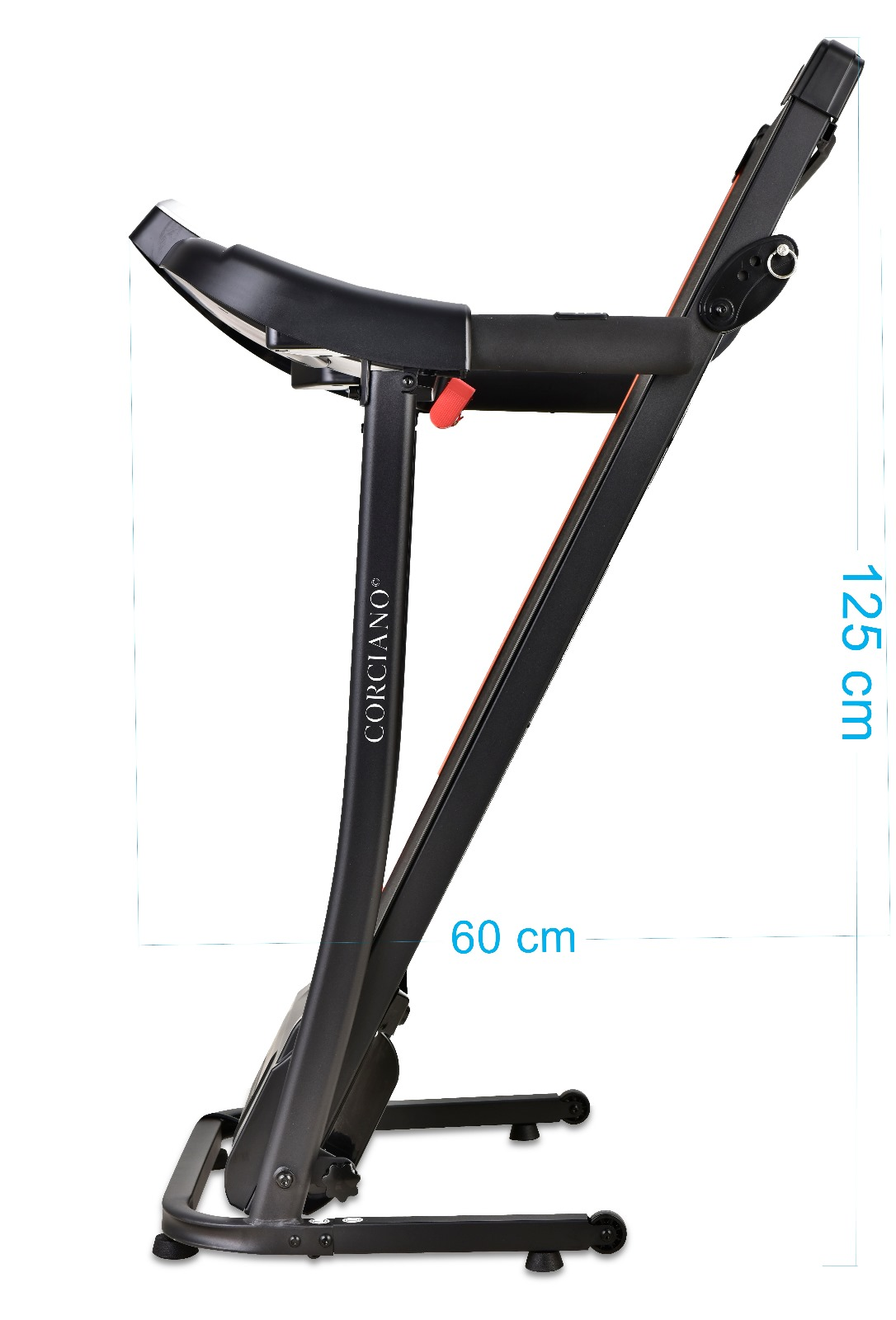 Widok z boku złożonej czarnej bieżni Corciano o wymiarach 60 cm szerokości i 125 cm wysokości.
