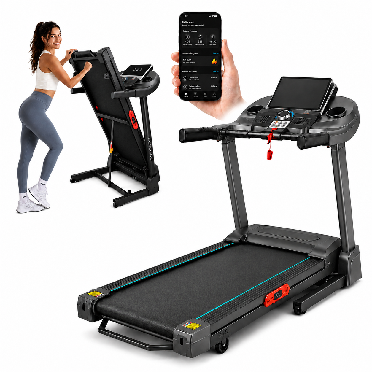 Czarna bieżnia z uchwytem na tablet, wersja złożona z kobietą oraz dłoń trzymająca smartfon z aplikacją fitness.
