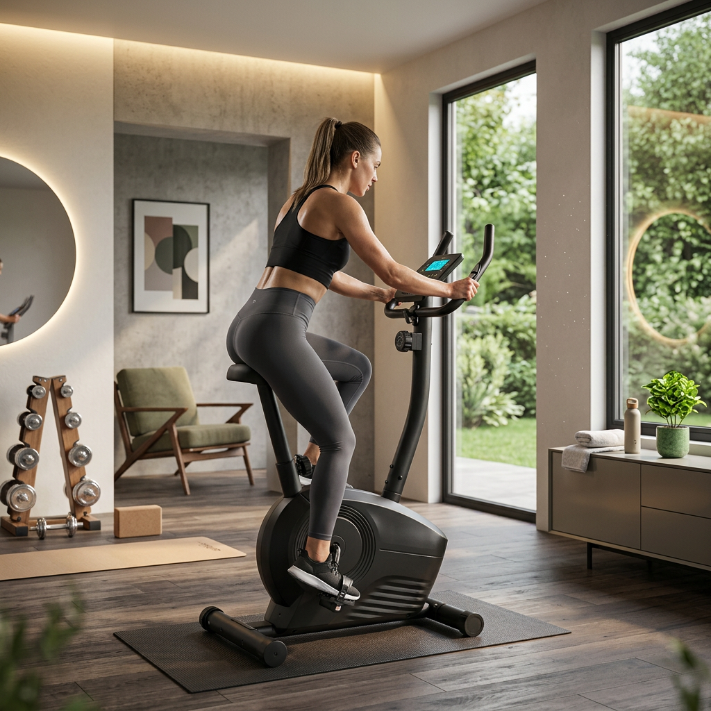 Kobieta w odzieży sportowej jeździ na rowerku stacjonarnym w nowoczesnym, słonecznym pokoju.