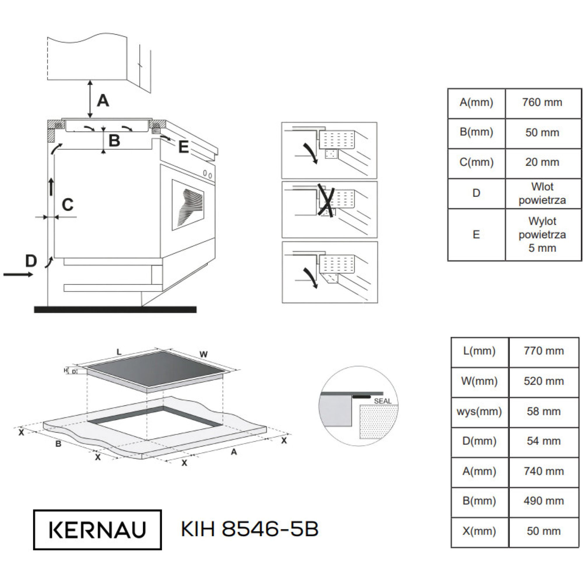 Diagram techniczny przedstawiający wymiary montażowe i wentylację płyty Kernau KIH 8546-5B.