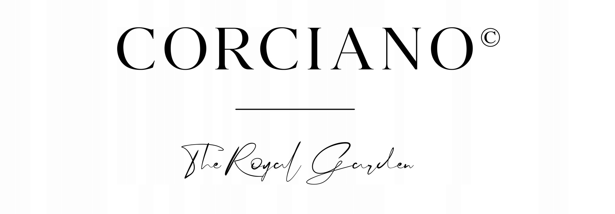 Czarne logo z napisem CORCIANO i The Royal Garden na białym tle.