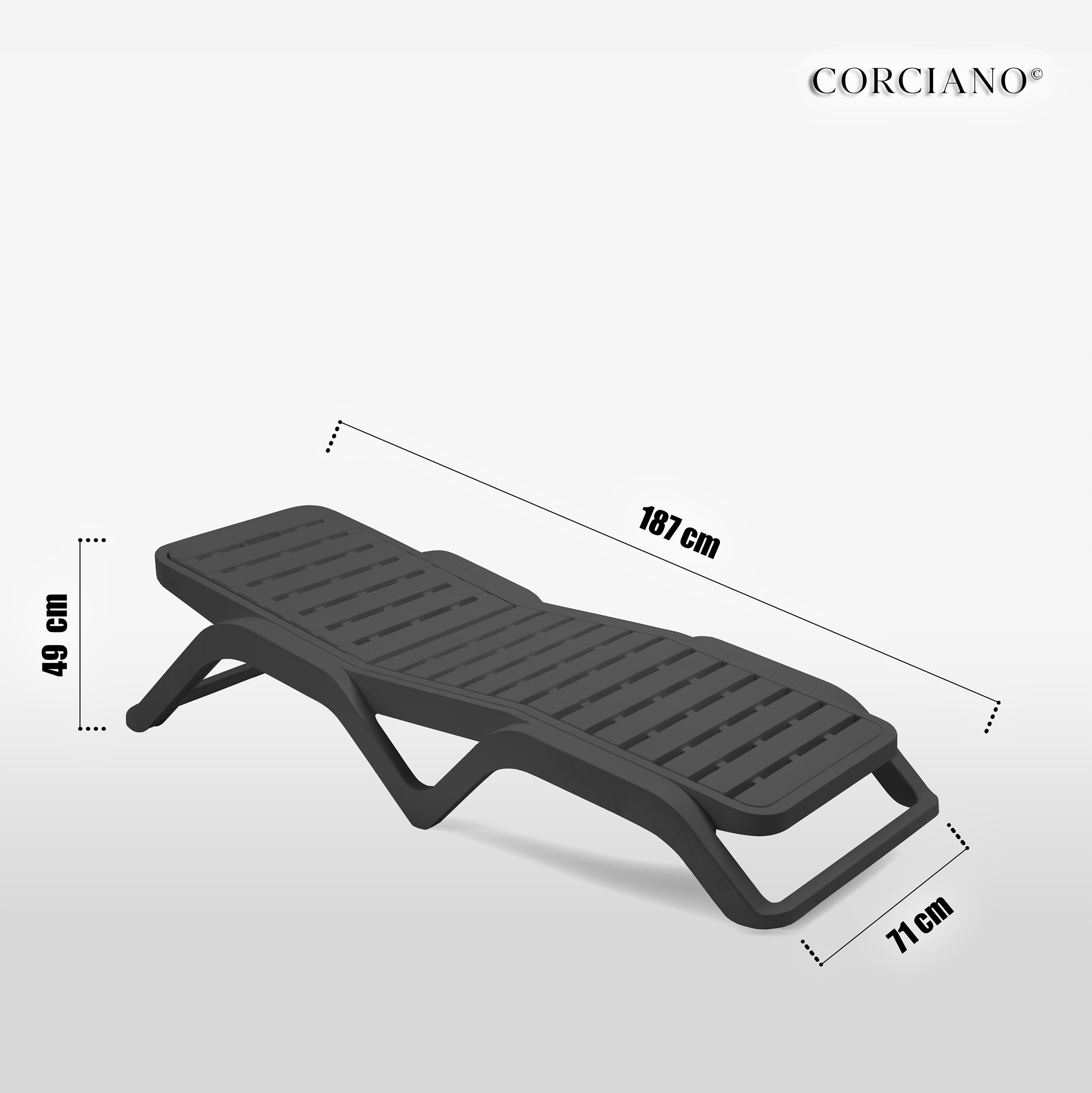 Czarny plastikowy leżak o wymiarach 187x71x49 cm na białym tle.