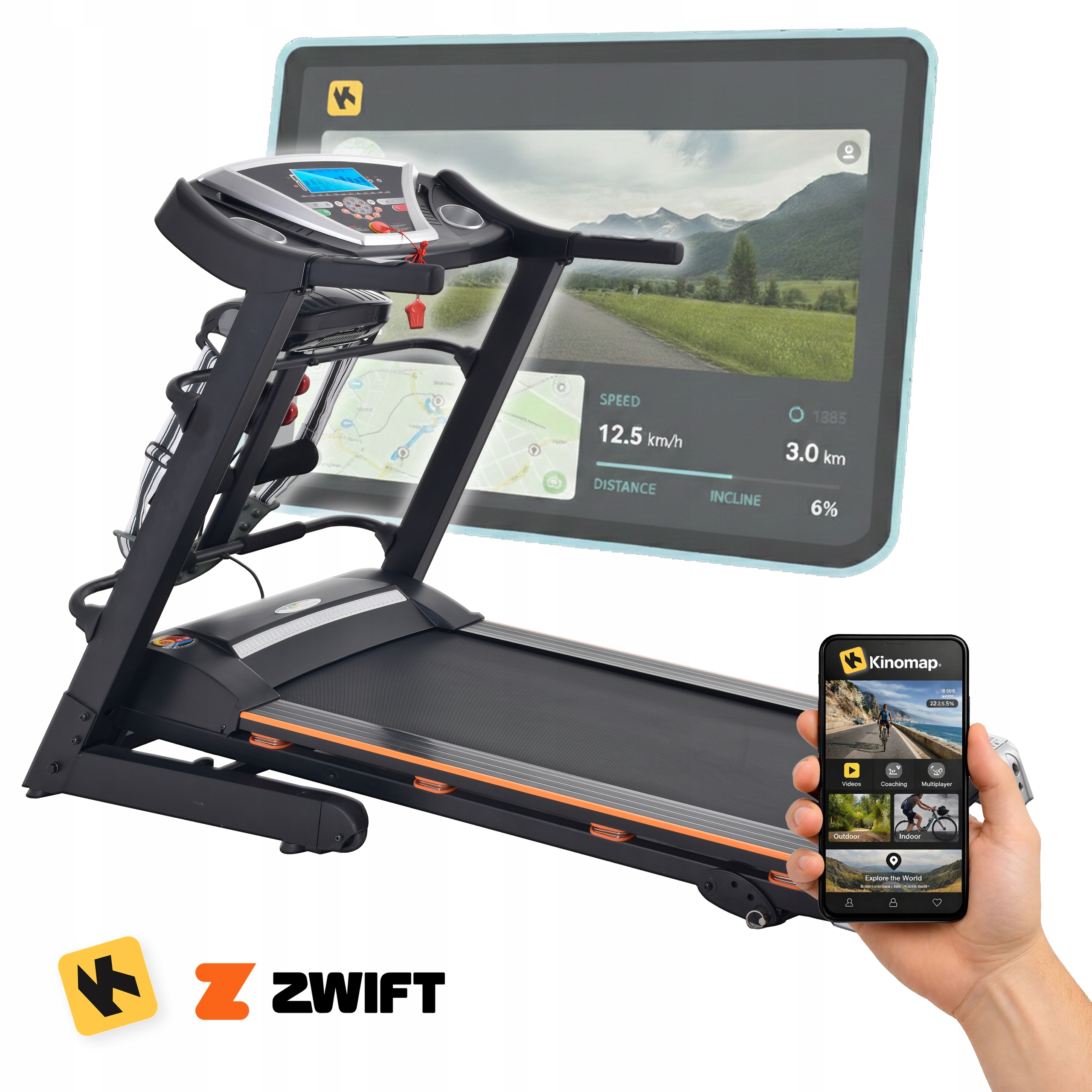 Bieżnia z ekranem górskim; dłoń trzyma smartfon z aplikacją Kinomap.