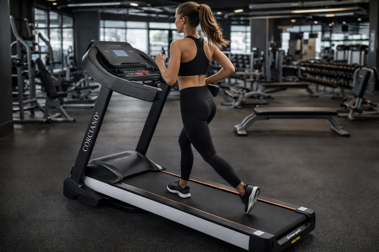 Kobieta biegnie na bieżni w nowoczesnej siłowni, w tle widać inny sprzęt fitness.