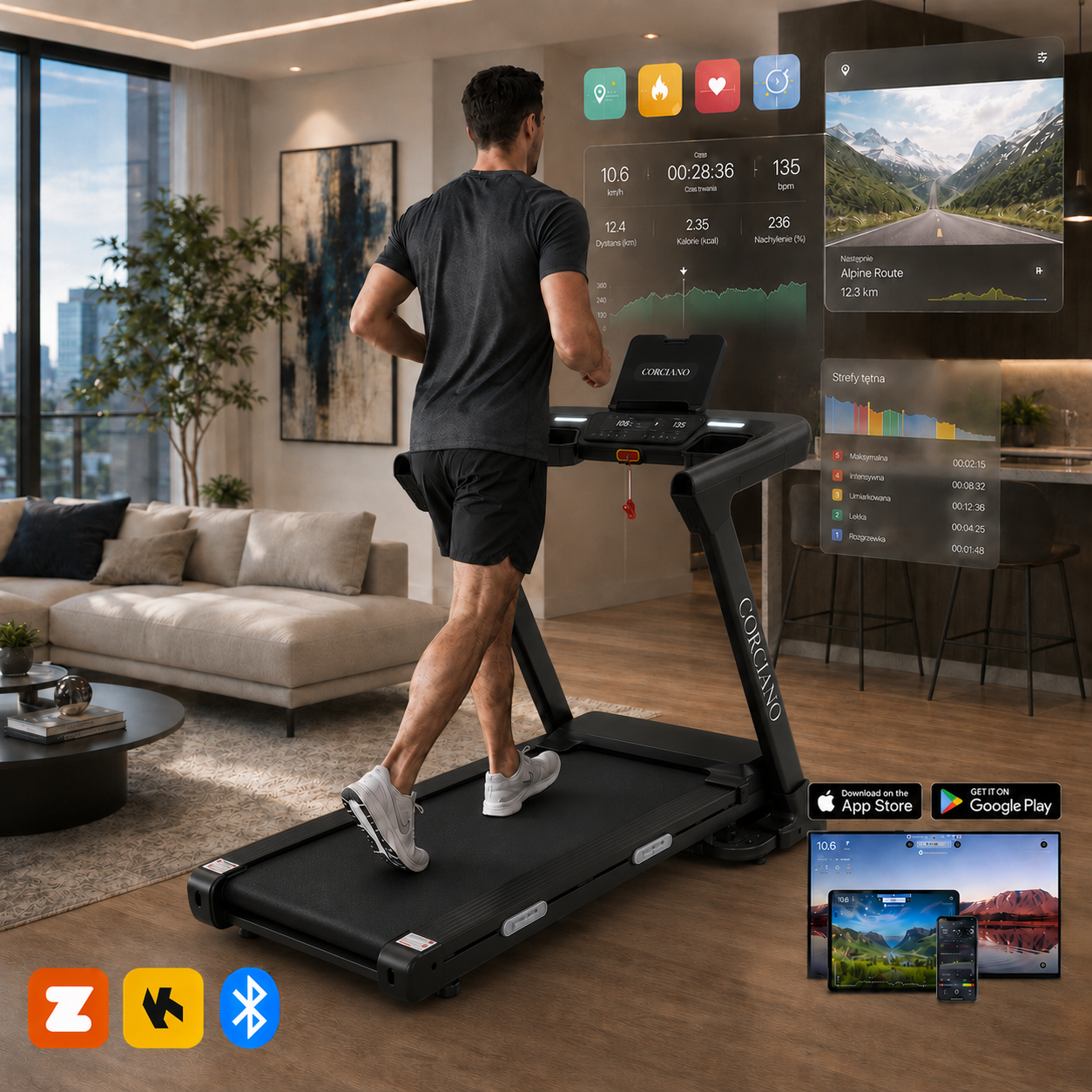 Mężczyzna biega na czarnej bieżni w nowoczesnym salonie z wirtualnymi ekranami fitness.