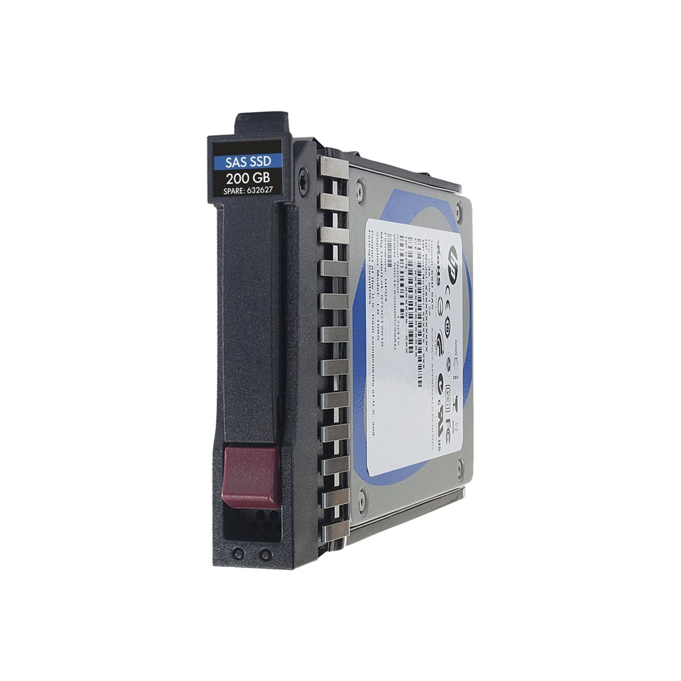 Ein 200 GB SAS SSD-Laufwerk mit schwarzem caddy und weißem Etikett auf weißem Hintergrund.