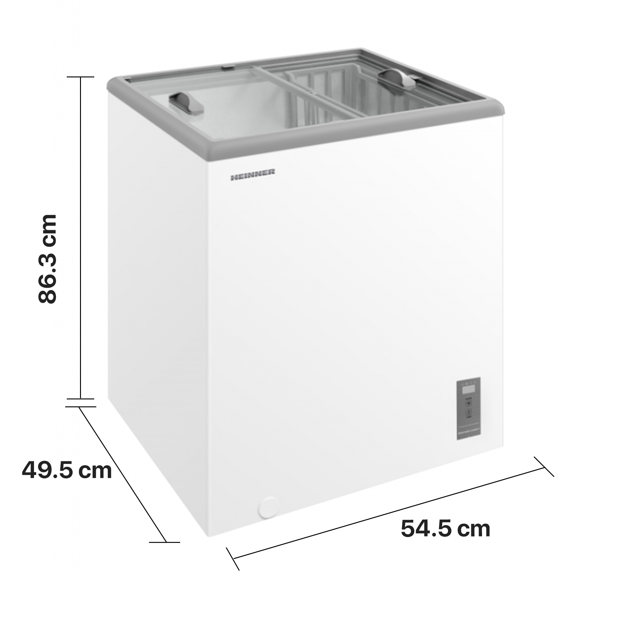 Weißer Truhengefrierschrank mit Glastüren und Maßangaben für Höhe, Breite und Tiefe.