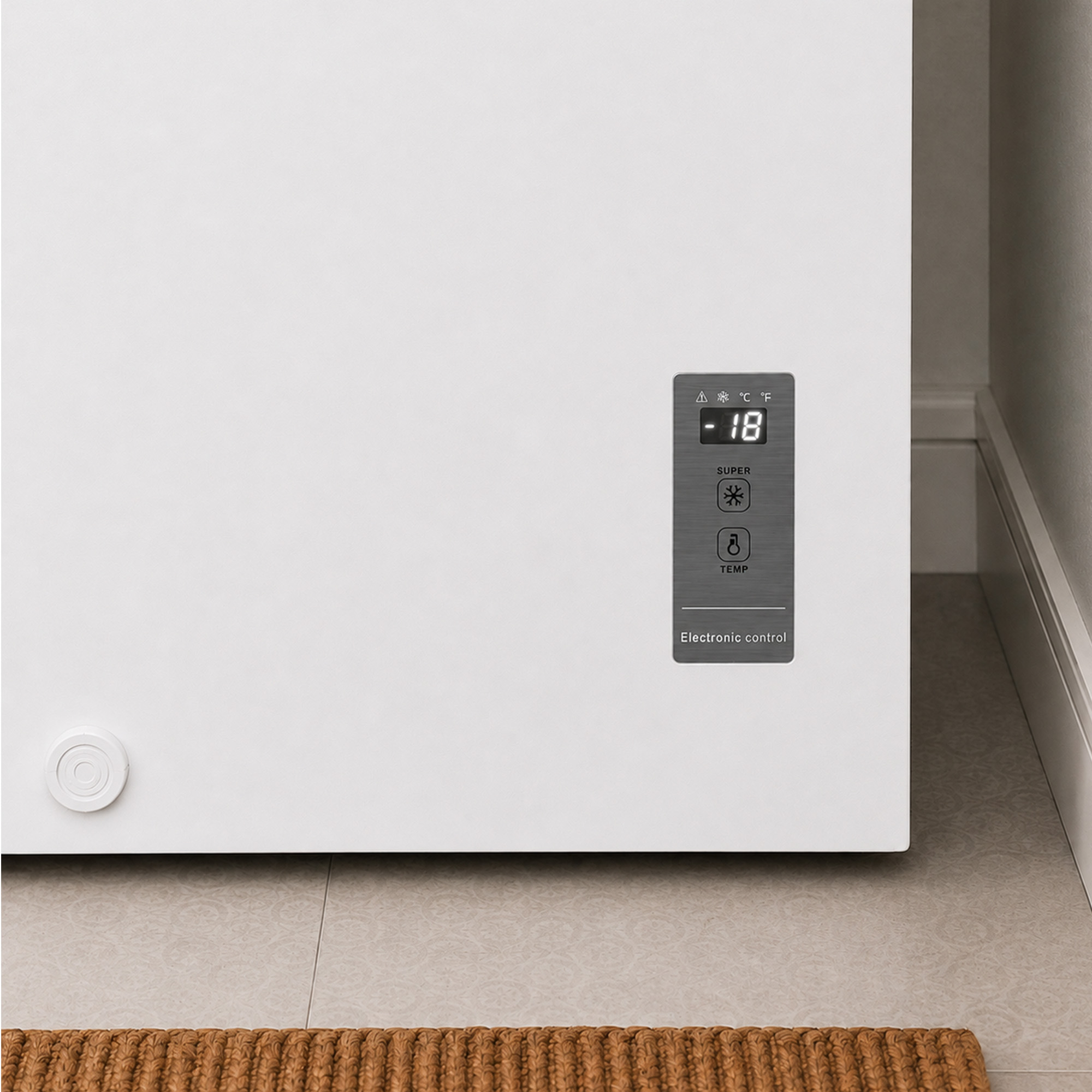 Eine weiße Truhe mit elektronischem Bedienfeld und digitaler Temperaturanzeige, die minus 18 anzeigt.
