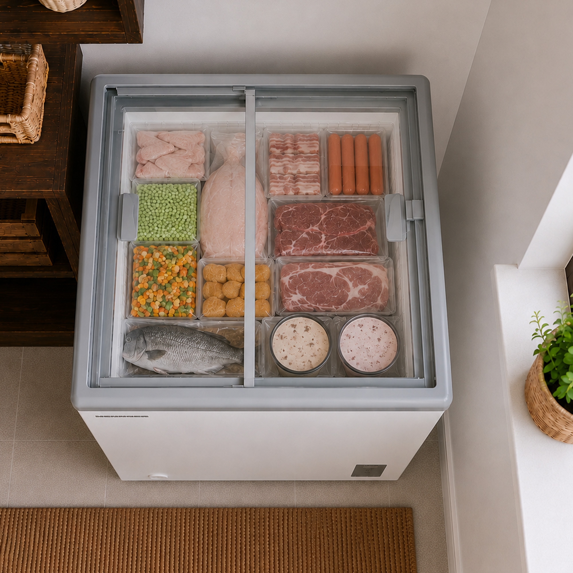 Eine offene Truhe mit ordentlich organisiertem Fleisch, Fisch, Gemüse und Behältern.