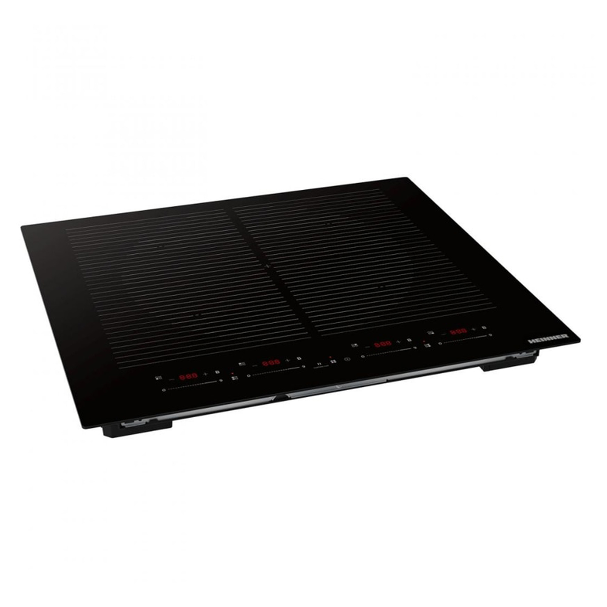 Table de cuisson à induction noire avec commandes tactiles et affichages numériques rouges.