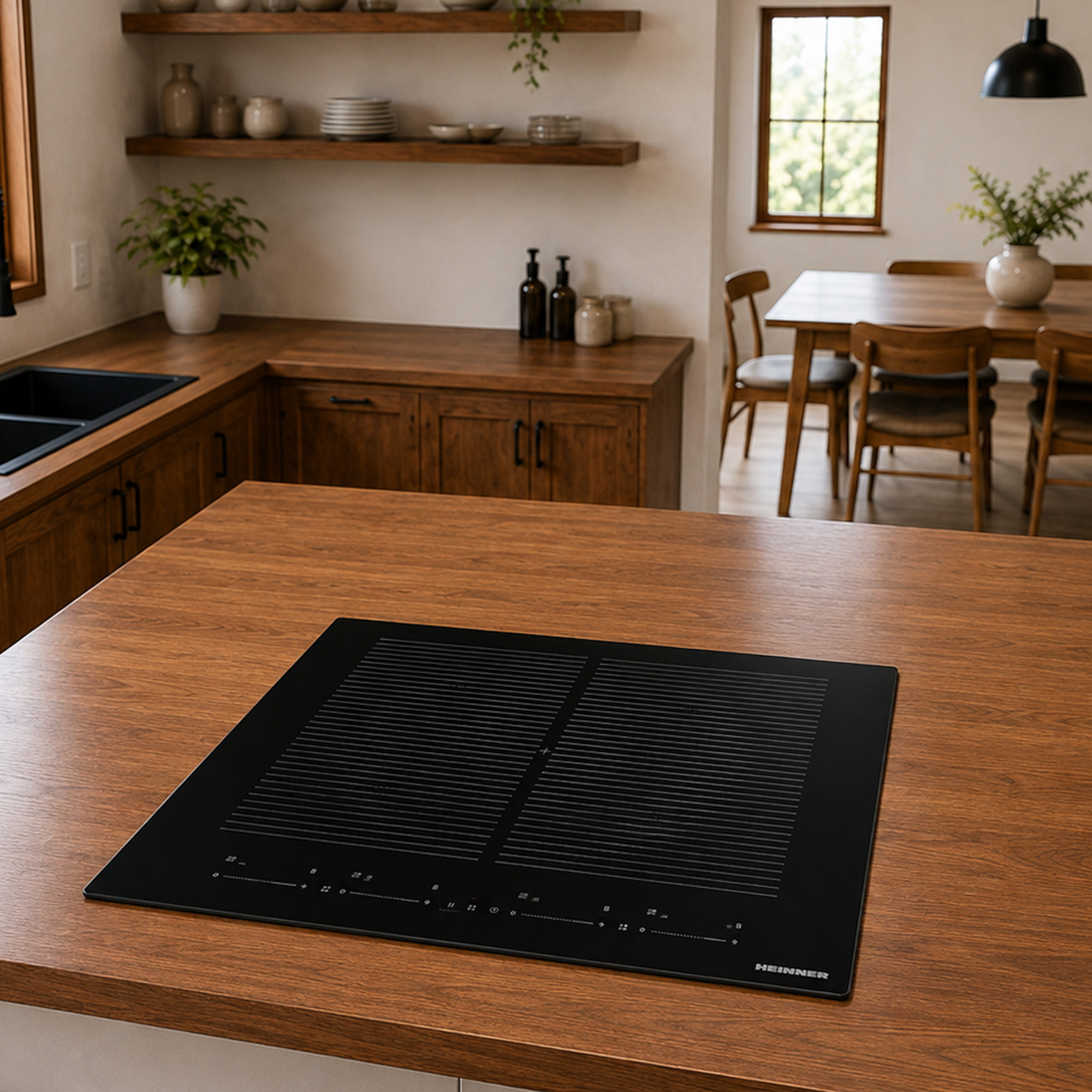 Plaque à induction encastrable noire moderne sur un îlot de cuisine en bois dans une cuisine chaleureuse.