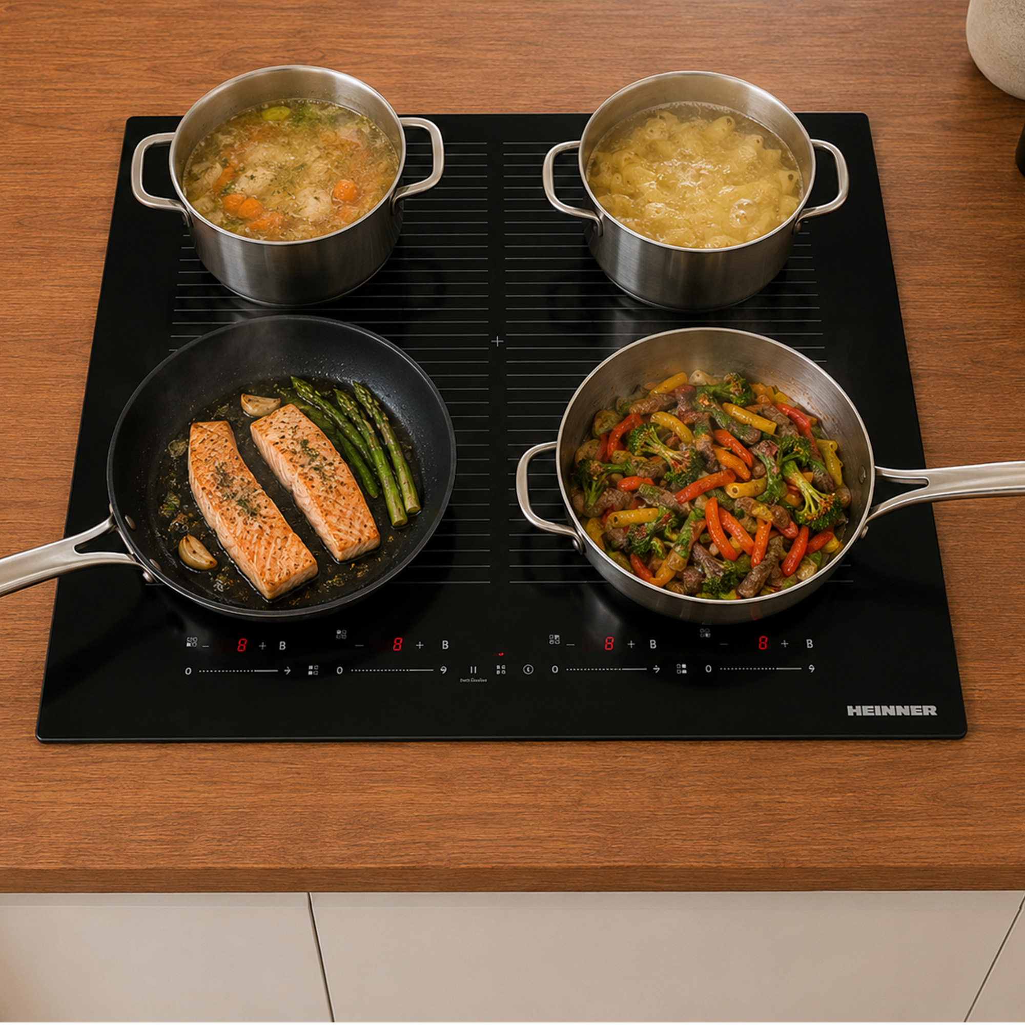 Een zwarte inductiekookplaat op een houten aanrecht met pannen waarin soep, pasta, zalm en groenten worden gekookt.