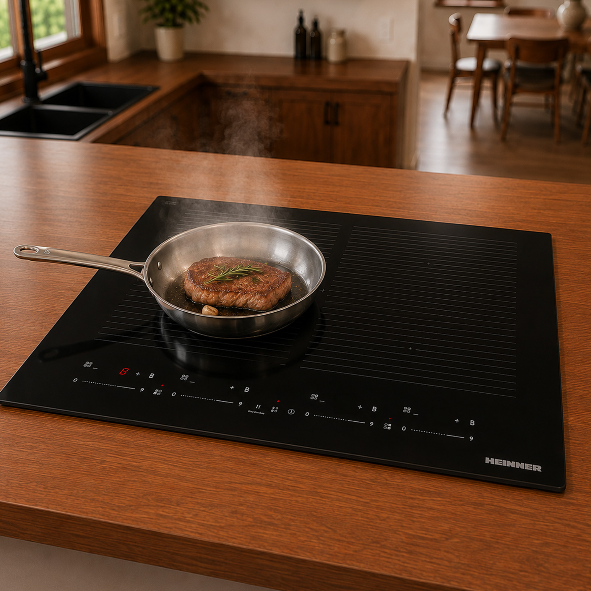 Un steak fumant grésille dans une poêle en acier inoxydable sur une plaque à induction noire moderne.