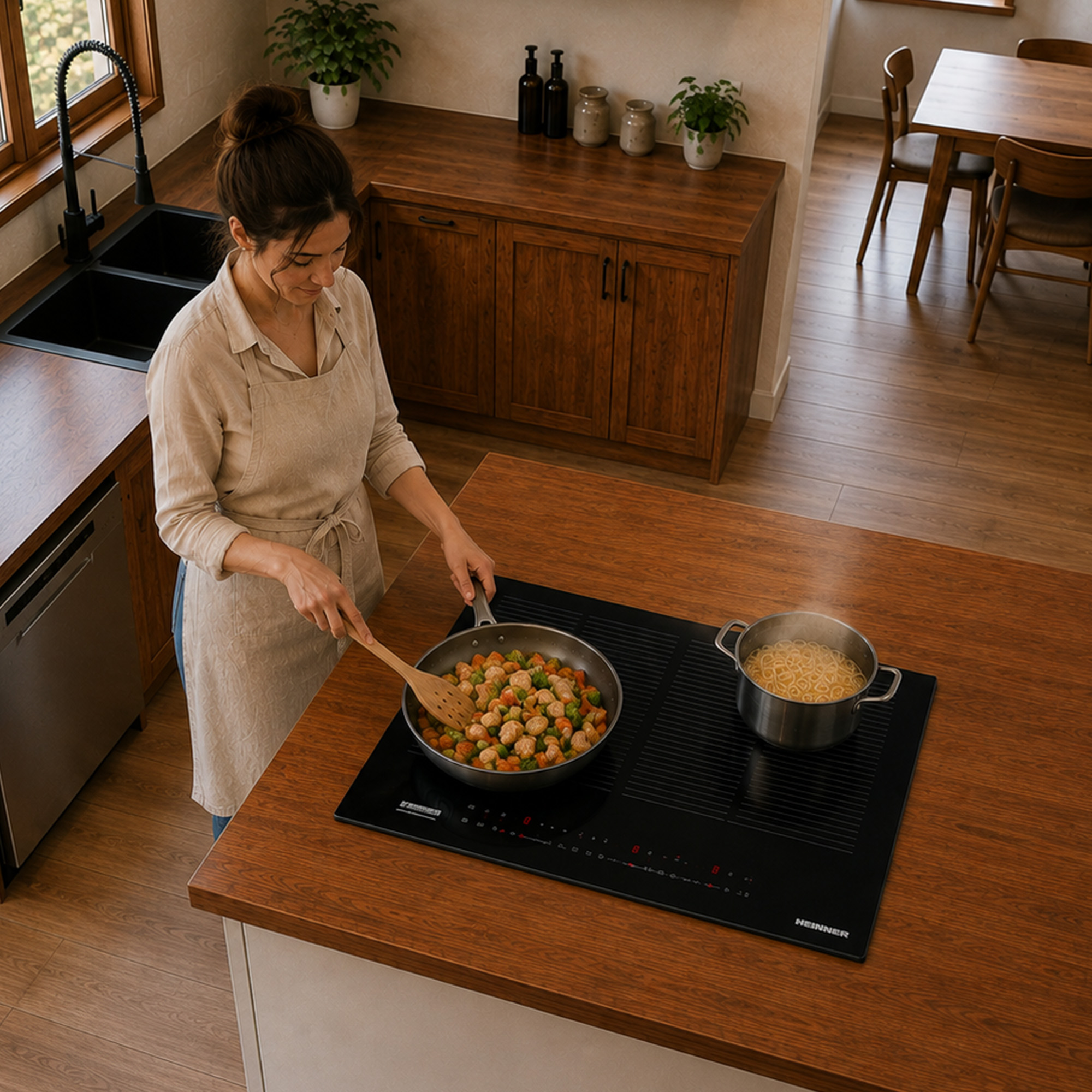 Une femme en tablier cuisine sur un îlot central moderne avec poêle et casserole.