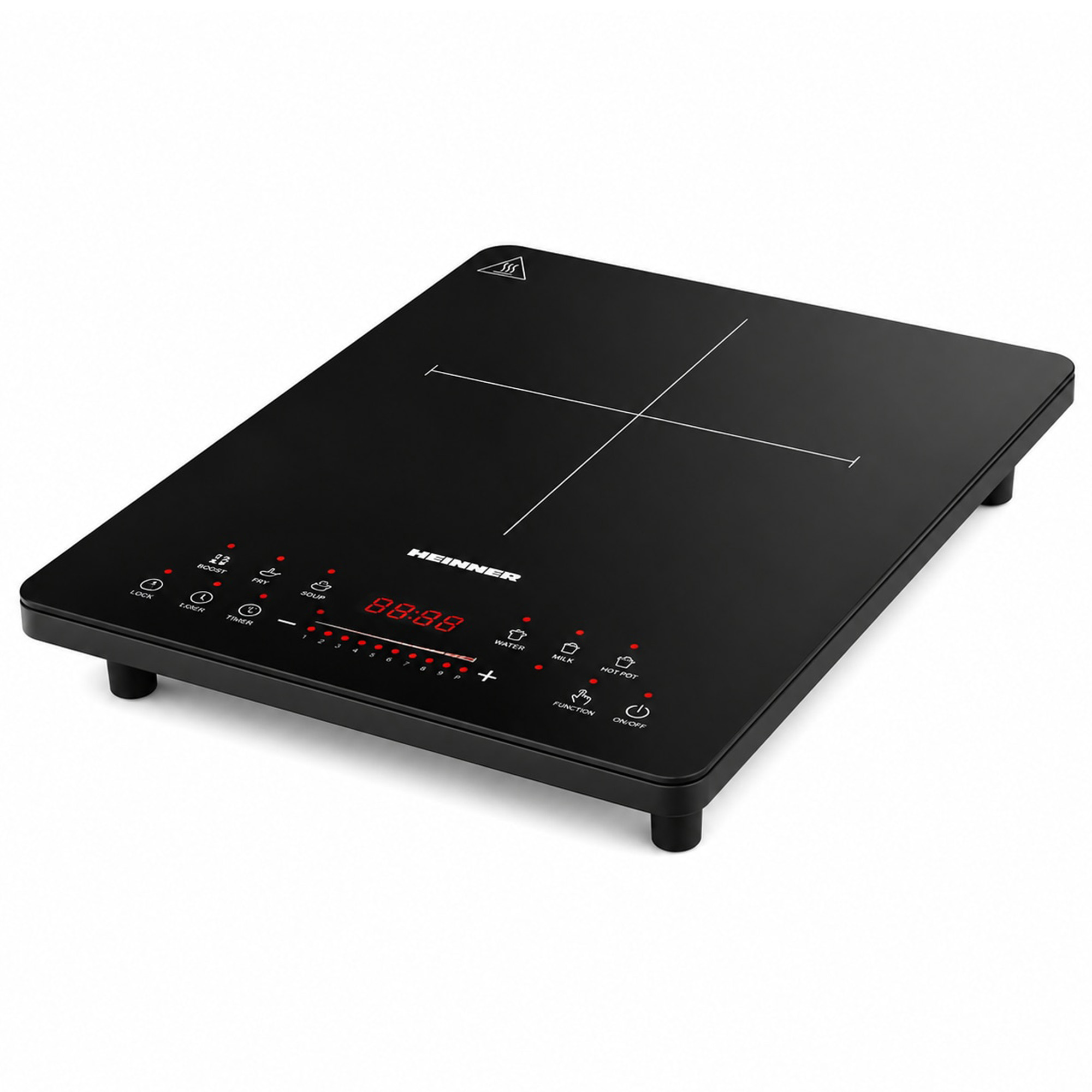 Black single induction cooktop with digital controls and red LED display on a white background.