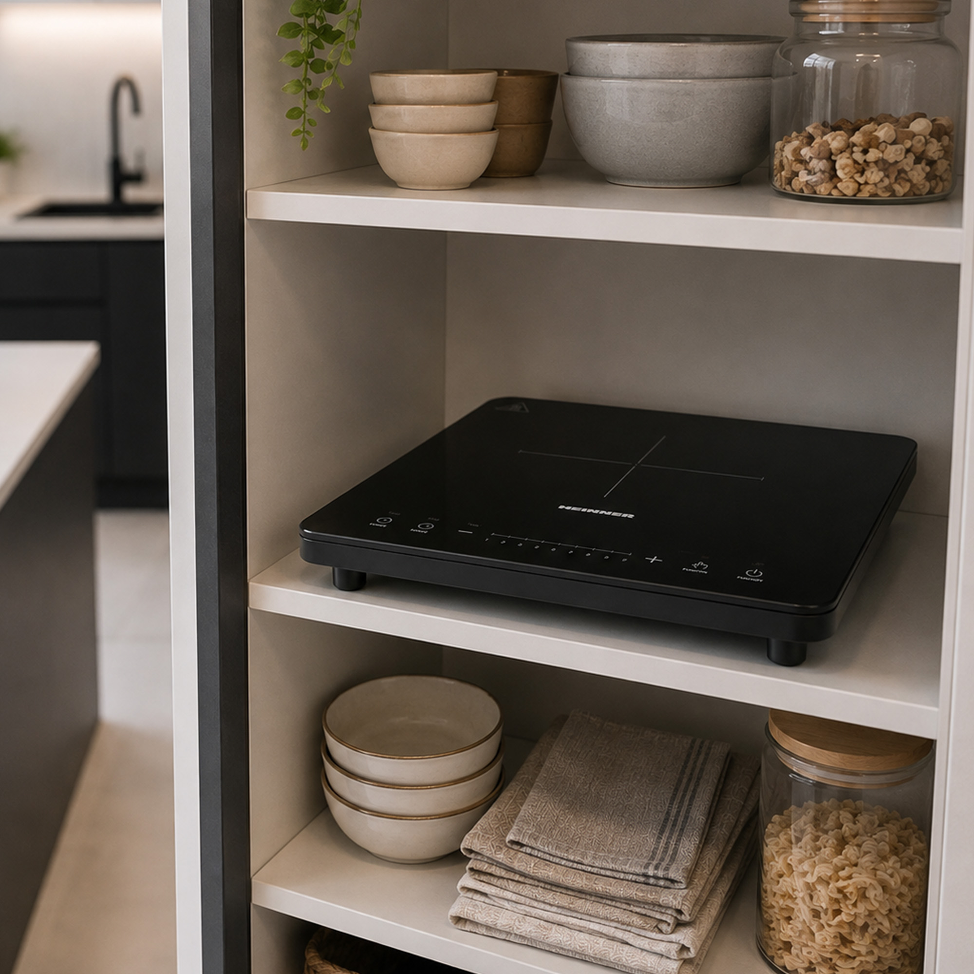 Une plaque à induction noire repose sur une étagère dans une cuisine lumineuse, entourée de vaisselle et de bocaux.