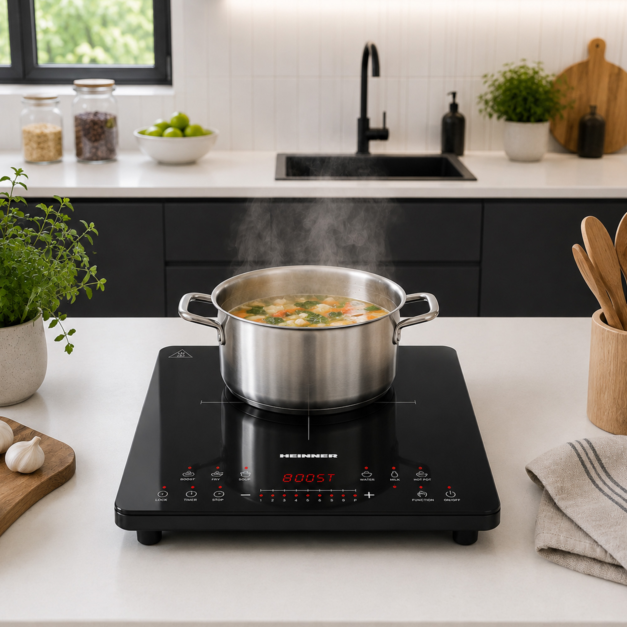 A steaming pot of soup on a black induction cooktop in a bright kitchen.